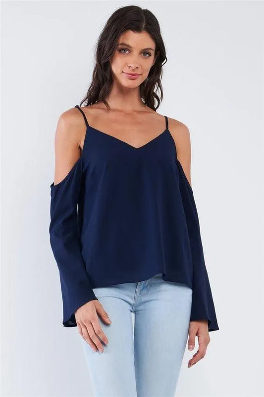 Navy Blue Relaxed Fit V-Neck Off-The-Shoulder Long Trumpet Sleeve Top /1-2-2-1 - Tasha Apparel Wholesale