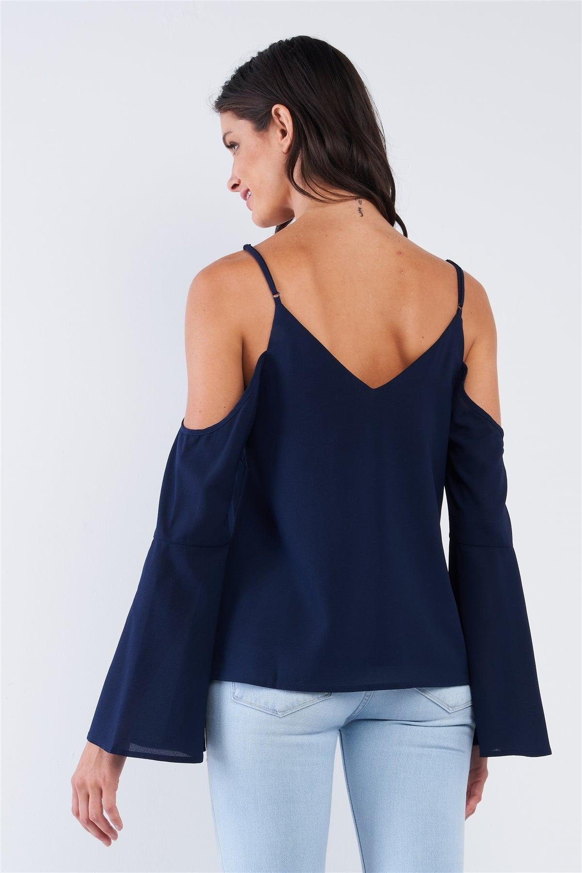 Navy Blue Relaxed Fit V-Neck Off-The-Shoulder Long Trumpet Sleeve Top