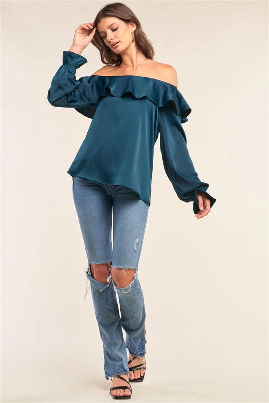 Royal Green Satin Off-The-Shoulder Flare Hem Long Sleeve Relaxed Fit Blouse /1-2-2 - Tasha Apparel Wholesale