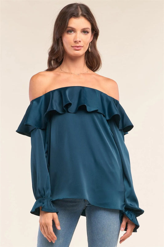 Royal Green Satin Off-The-Shoulder Flare Hem Long Sleeve Relaxed Fit Blouse /2-1-2-1 - Tasha Apparel Wholesale