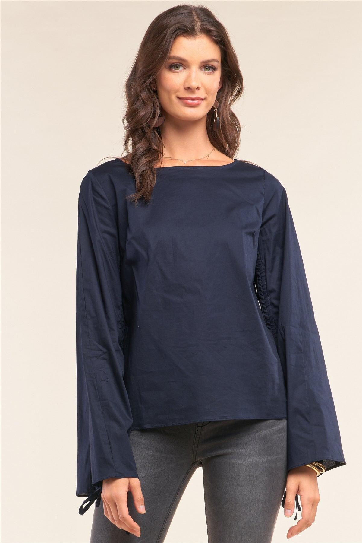 Dark Blue Bateau Neck Relaxed Fit Draw String Gathering Flare Sleeve Detail Top /2-2-1