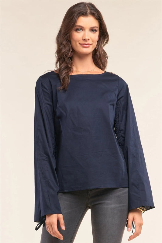 Dark Blue Bateau Neck Relaxed Fit Draw String Gathering Flare Sleeve Detail Top /2-2-1 - Tasha Apparel Wholesale