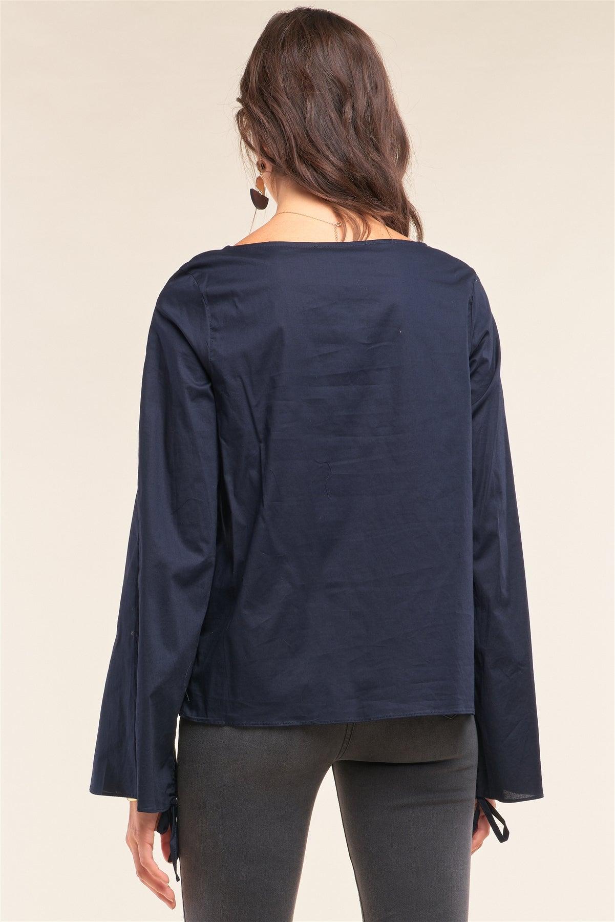 Dark Blue Bateau Neck Relaxed Fit Draw String Gathering Flare Sleeve Detail Top /2-2-1