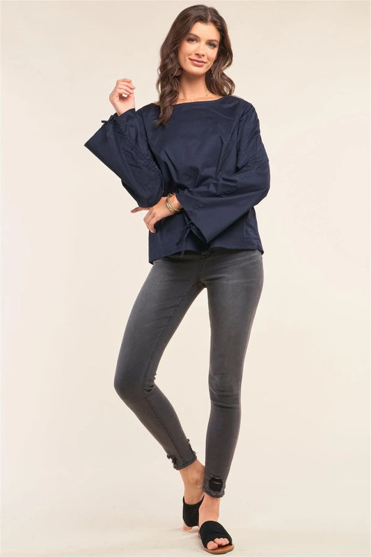 Dark Blue Bateau Neck Relaxed Fit Draw String Gathering Flare Sleeve Detail Top /1-2-2-1 - Tasha Apparel Wholesale