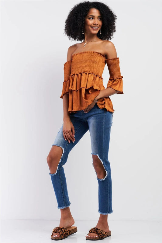 Amber Satin Off-The-Shoulder Midi Sleeve Layered Flare Hem Crumpled Effect Smoked Top /1-2-1 - Tasha Apparel Wholesale