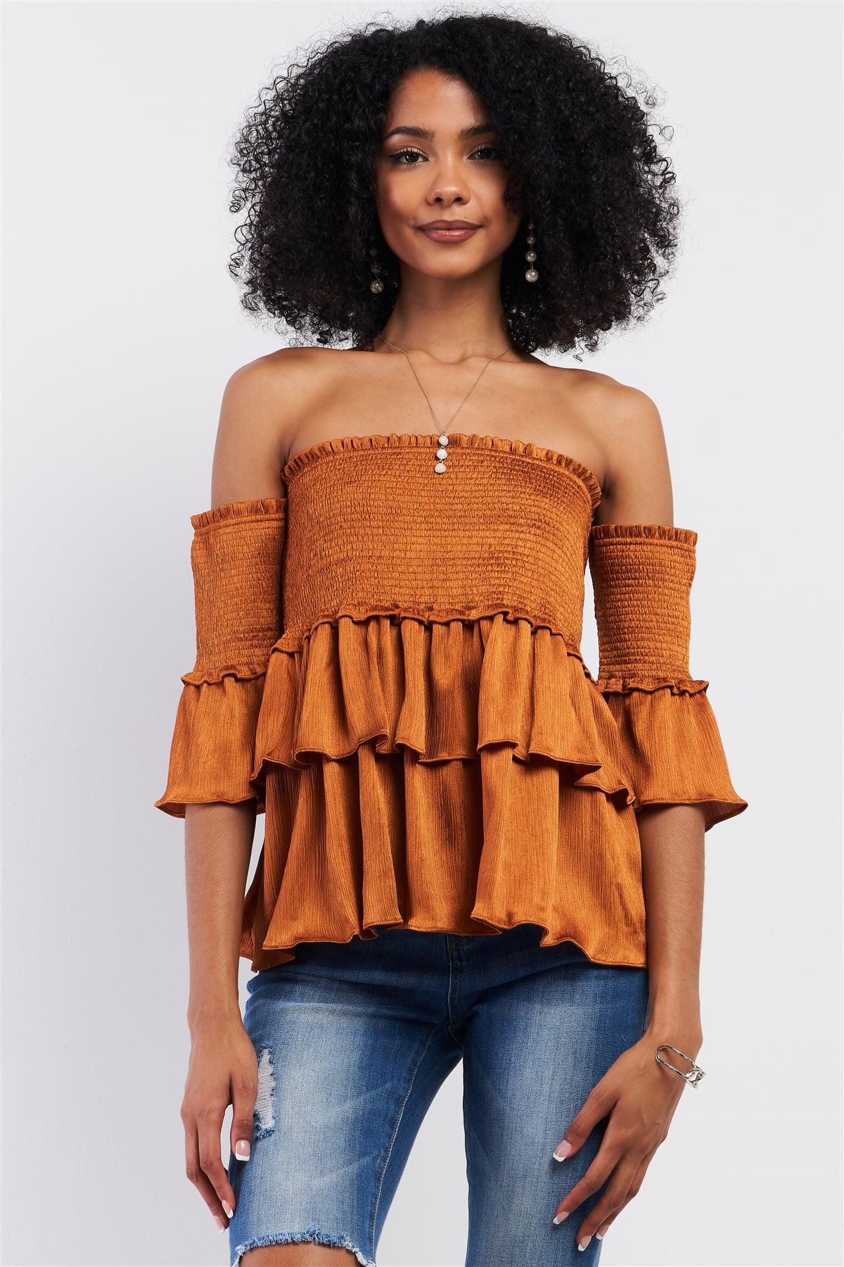 Amber Satin Off-The-Shoulder Midi Sleeve Layered Flare Hem Crumpled Effect Smoked Top /1-2-1