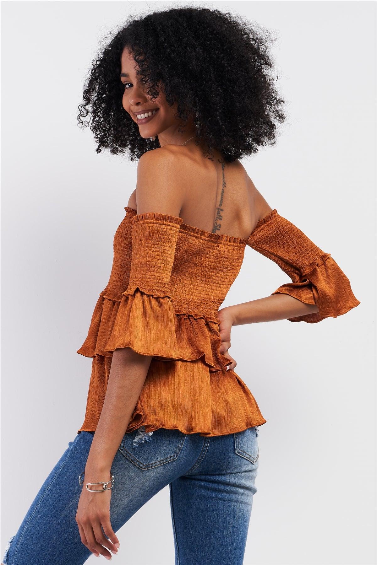 Amber Satin Off-The-Shoulder Midi Sleeve Layered Flare Hem Crumpled Effect Smoked Top /1-2-2-1
