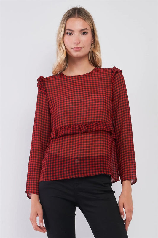 Sheer Buffalo Check Print Ruffle Trim Blouse Top /1-2-2-1 - Tasha Apparel Wholesale