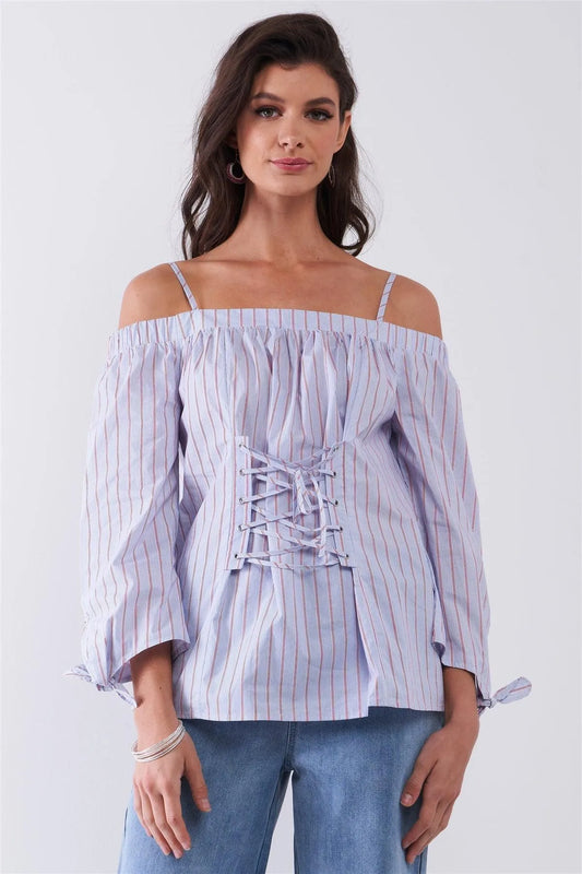 Blue & Red Pinstriped Off-The-Shoulder Balloon Sleeve Corset Lace-Up Front Detail Blouse /1-2-2-1 - Tasha Apparel Wholesale