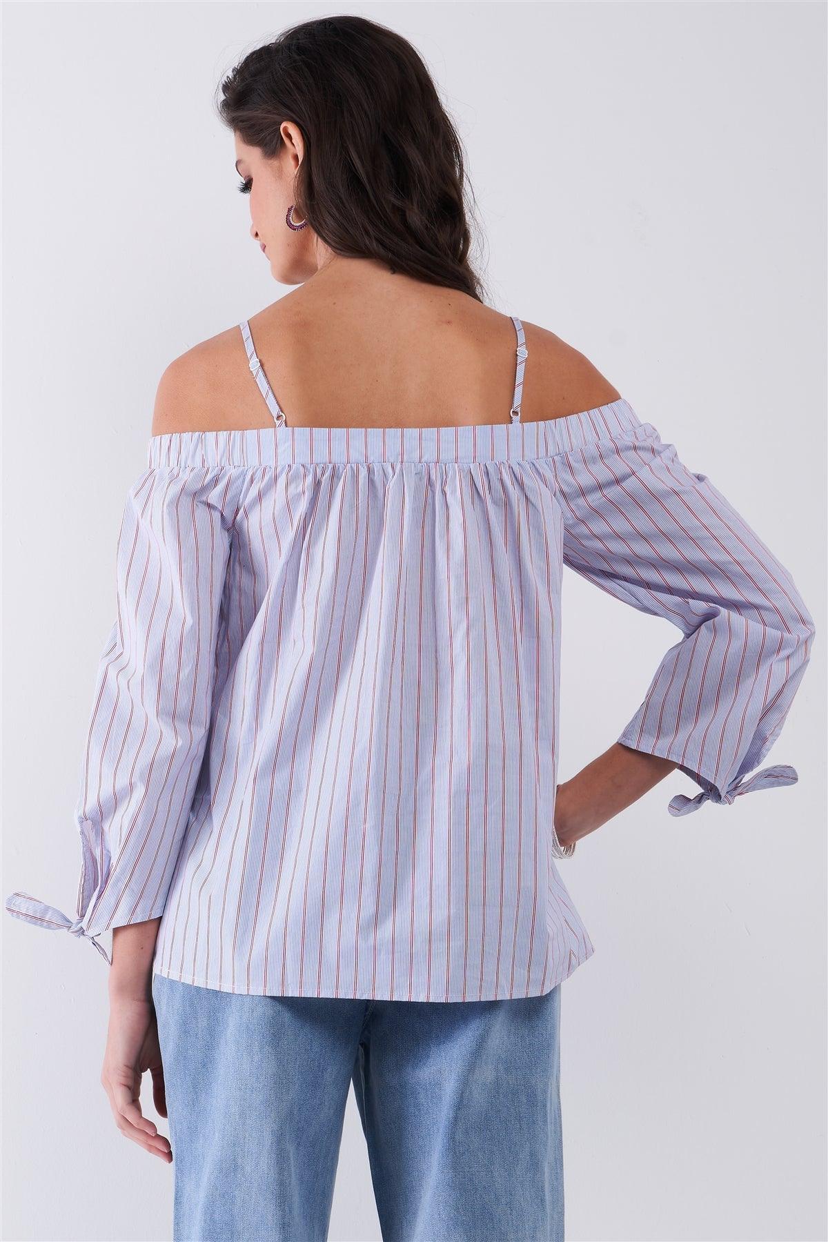 Blue & Red Pinstriped Off-The-Shoulder Balloon Sleeve Corset Lace-Up Front Detail Blouse /1-2-2-1