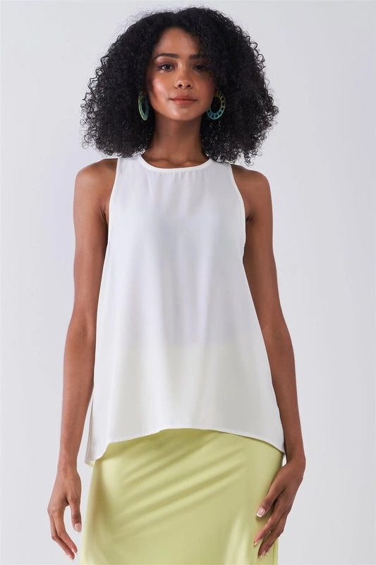 Off-White Sleeveless Round Neck Self-Tie Lace-Up Back Detail Babydoll Top /1-2-2-1 - Tasha Apparel Wholesale