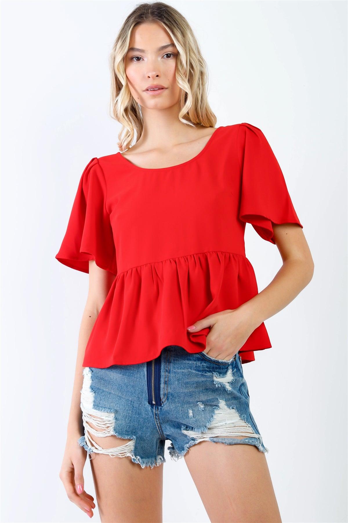 Red Flare Sleeve & Hem Back Button Up Detail Top /2-1-1-1
