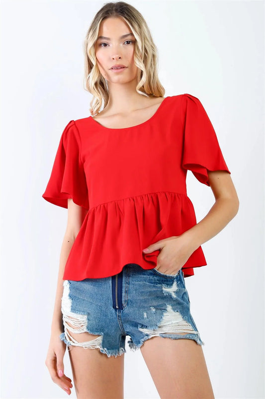 Red Flare Sleeve & Hem Back Button Up Detail Top /2-1-1-1 - Tasha Apparel Wholesale
