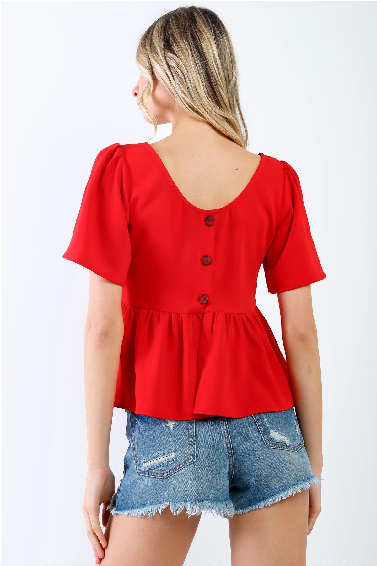Red Flare Sleeve & Hem Back Button Up Detail Top /2-1-1-1