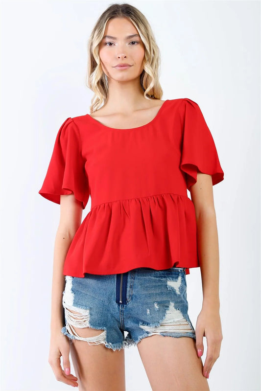 Red Flare Sleeve & Hem Back Button Up Detail Top /1-2-2-1 - Tasha Apparel Wholesale