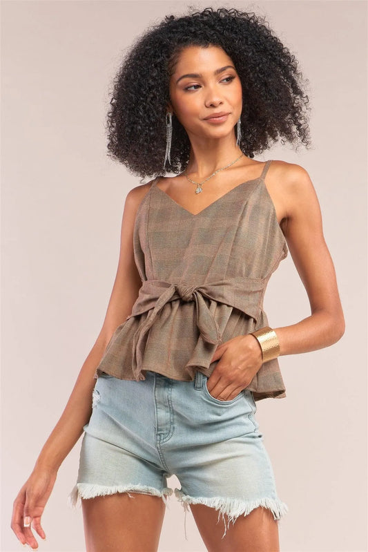 Brown Checkered Print Sleeveless V-Neck Self-Tie Waist Detail Flare Top /1-2-2-1 - Tasha Apparel Wholesale