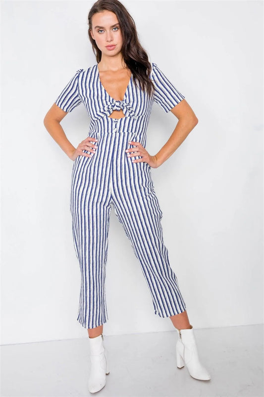 Ivory & Blue Stripe Bow Cut Out Wide Leg Jumpsuit /2-2-2 - Tasha Apparel Wholesale