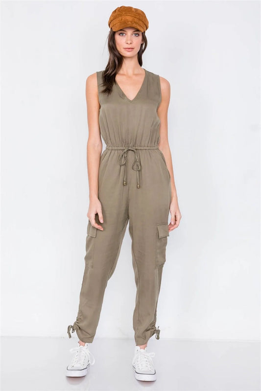 Olive Cargo Cinched Ankle Pant V-Neck Jumpsuit /2-2-2 - Tasha Apparel Wholesale