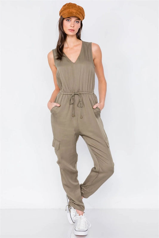 Olive Cargo Cinched Ankle Pant V-Neck Jumpsuit /3-3 - Tasha Apparel Wholesale