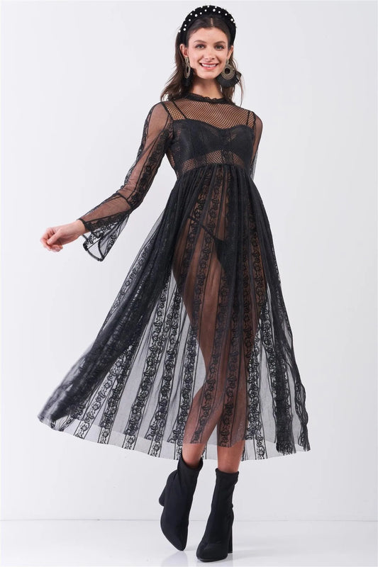 Black Boho Vintage Sheer Lace Round Neck Flare Long Sleeve Midi Dress /2-2-2 - Tasha Apparel Wholesale