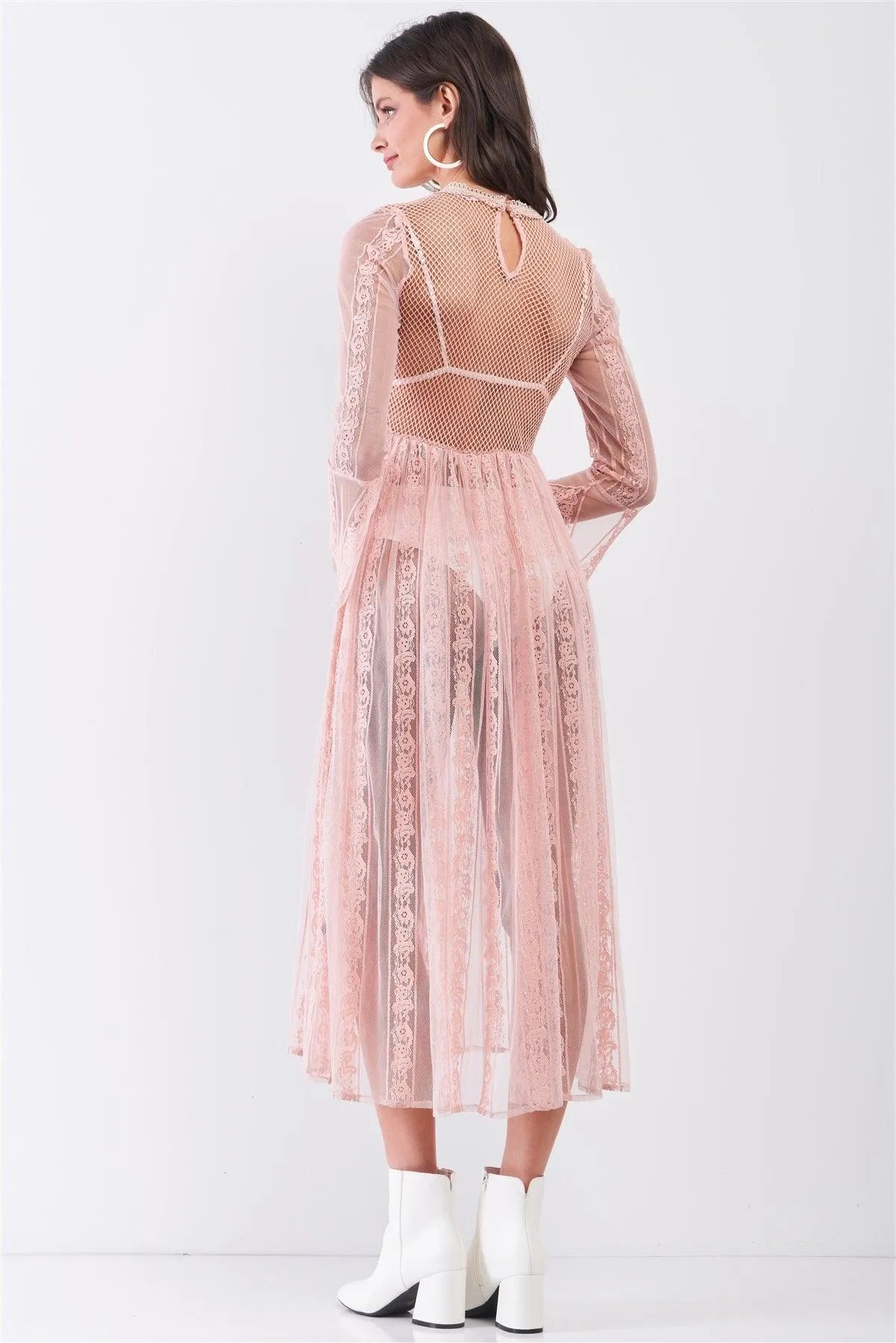 Light-Pink Boho Vintage Sheer Lace Round Neck Flare Long Sleeve Midi Dress /3-1-2 Light-Pink Boho Vintage Sheer Lace Round Neck Flare Long Sleeve Midi Dress /3-1-2