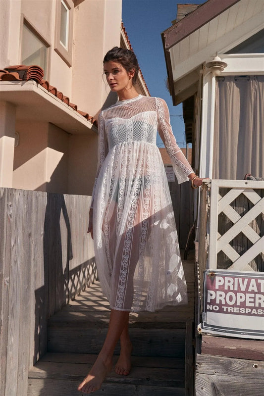 White Boho Vintage Sheer Lace Round Neck Flare Long Sleeve Midi Dress /2-2-2 - Tasha Apparel Wholesale