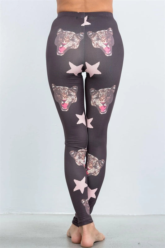 Brown Mix Star Printed Active Leggings /2-2-2 - Tasha Apparel Wholesale