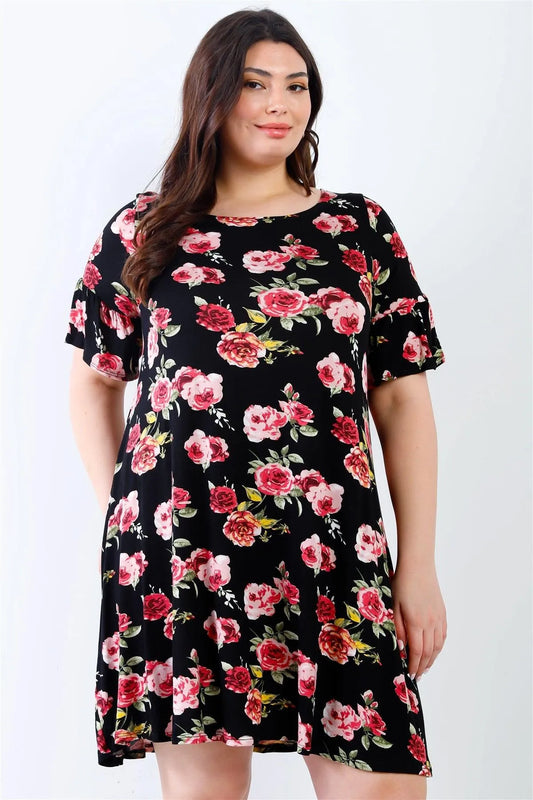 Junior Plus Black Floral Bell Short Sleeve Mini Dress /2-1-2 - Tasha Apparel Wholesale