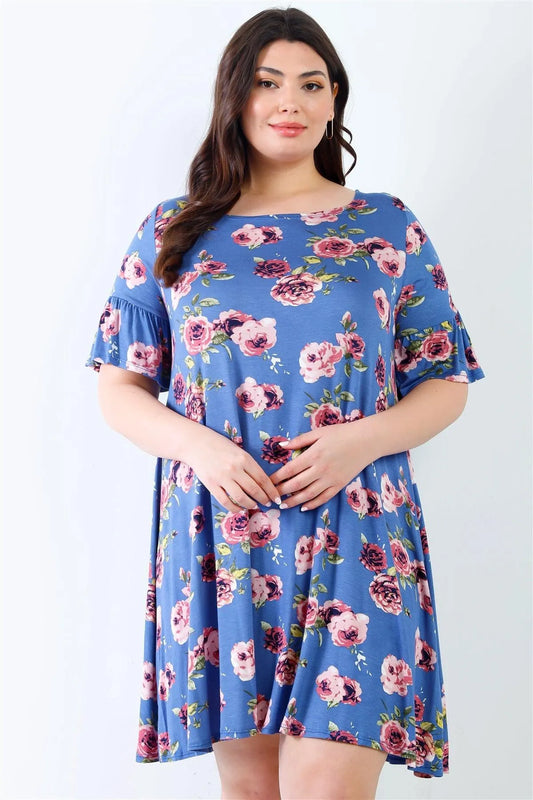 Junior Plus Blue & Pink Floral Bell Short Sleeve Mini Dress /2-2-2 - Tasha Apparel Wholesale