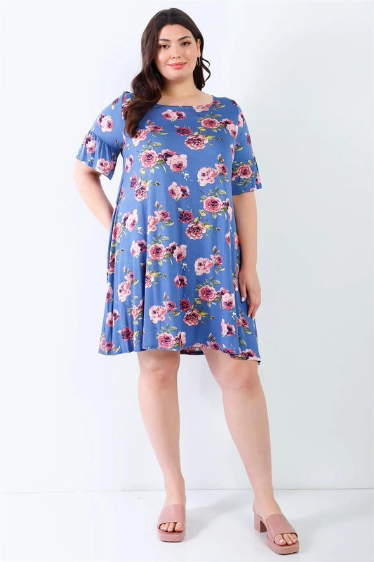 Junior Plus Blue & Pink Floral Bell Short Sleeve Mini Dress /1-3-3 - Tasha Apparel Wholesale