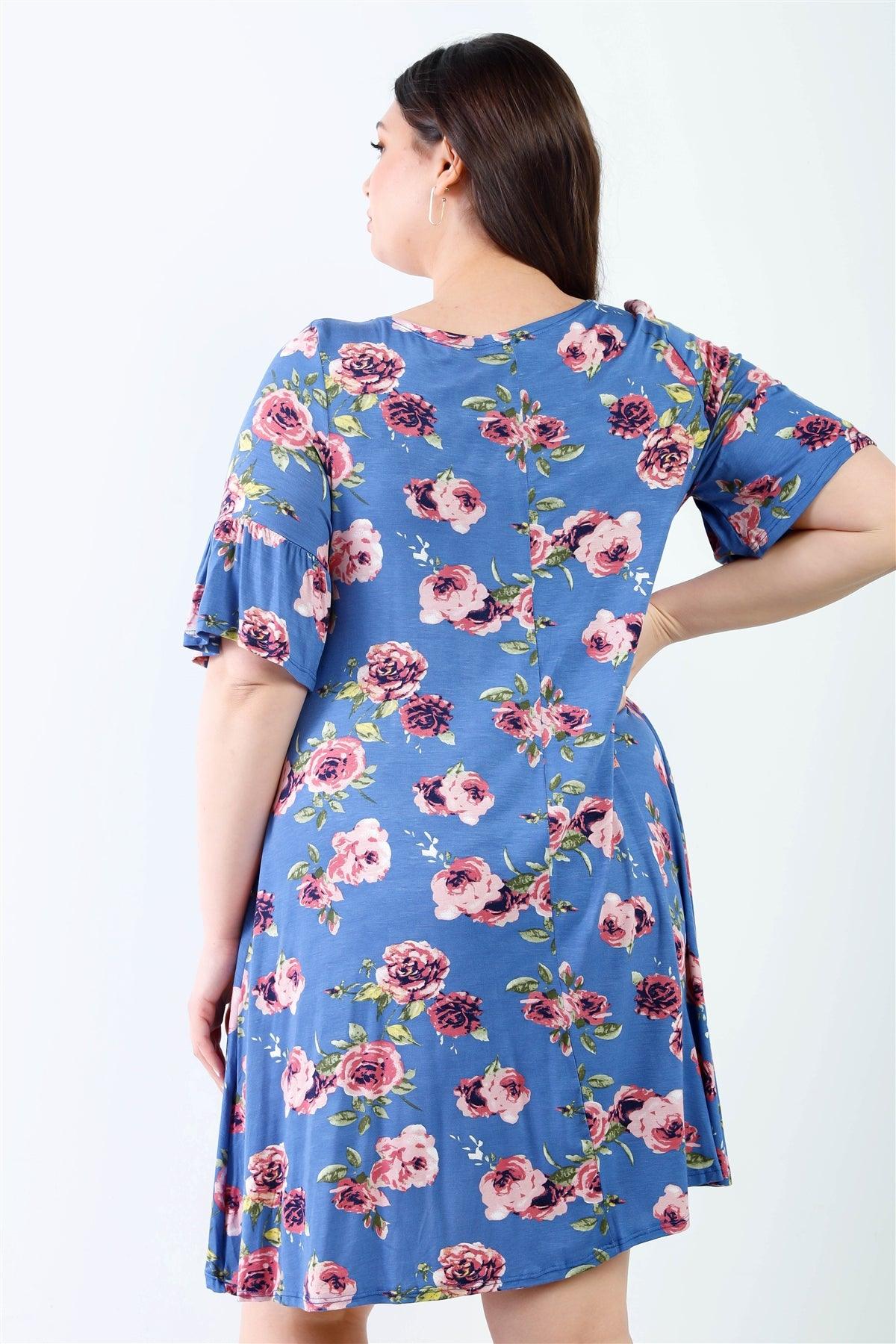 Junior Plus Blue & Pink Floral Bell Short Sleeve Mini Dress /1-3-3