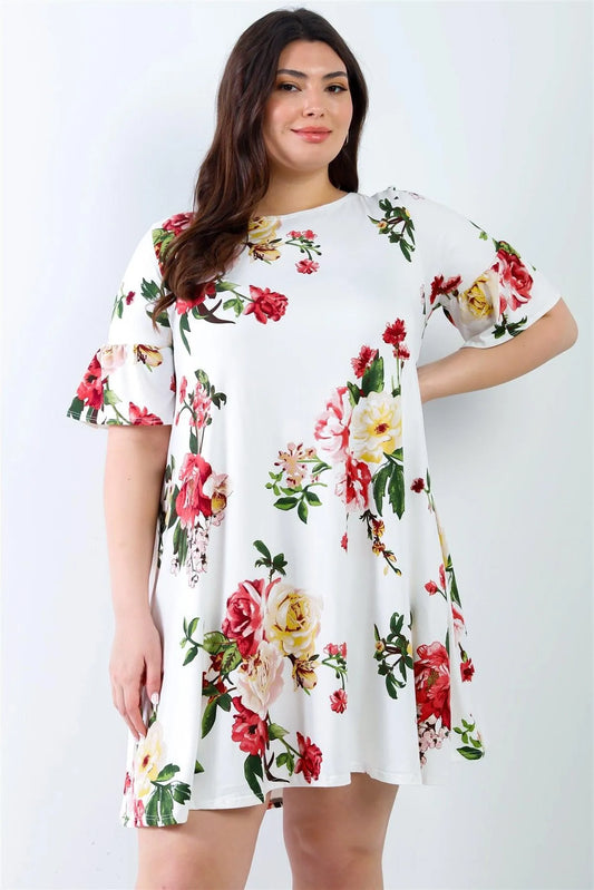 Junior Plus White Floral Bell Short Sleeve Mini Dress /2-2-2 - Tasha Apparel Wholesale