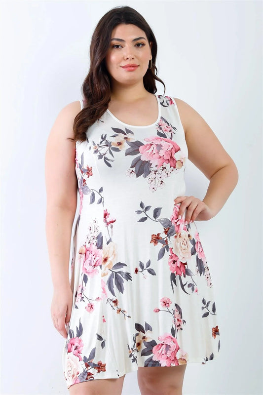 Junior Plus White Pink Flower Print Sleeveless Mini Dress/2-2-2 - Tasha Apparel Wholesale