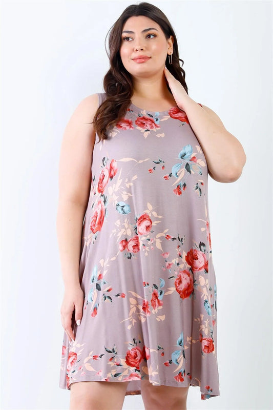 Junior Plus Cocoa Flower Sleeveless Mini Dress /1-2-2 - Tasha Apparel Wholesale