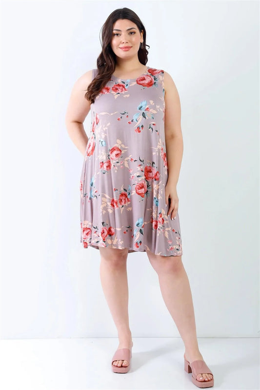 Junior Plus Cocoa Flower Sleeveless Mini Dress /2-2-2 - Tasha Apparel Wholesale