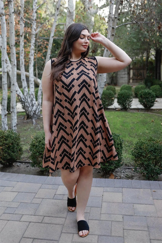 Junior Plus Tan & Black Printed Sleeveless Mini Dress /2-2-2 - Tasha Apparel Wholesale