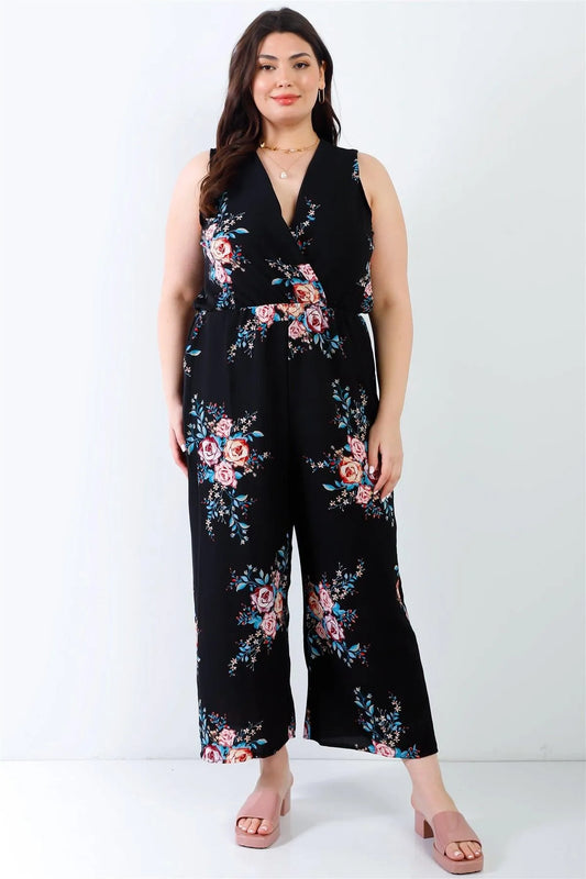 Junior Plus Black Flower Print Wrap V-Neck Back Self-Tie Detail Sleeveless Jumpsuit /3-3 - Tasha Apparel Wholesale