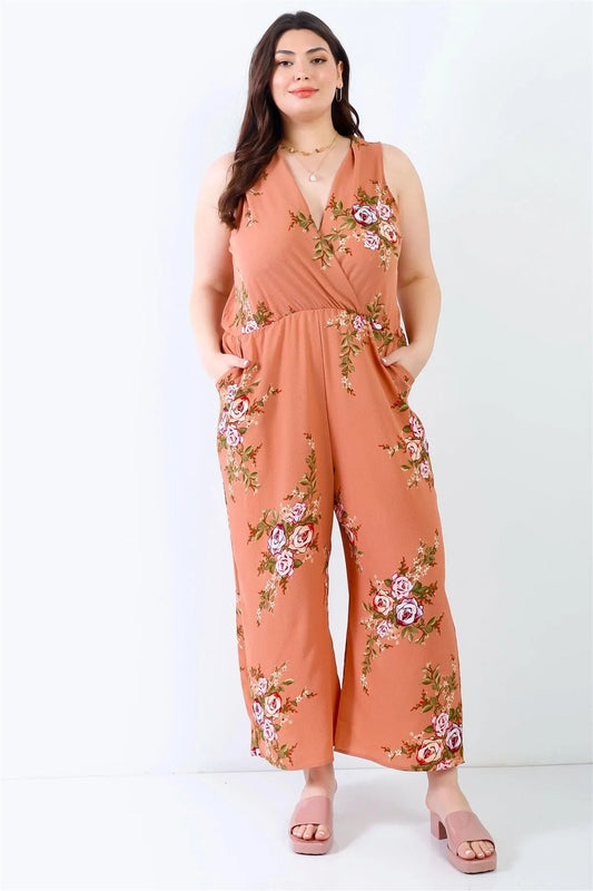 Junior Plus Caramel Flower Print Wrap V-Neck Back Self-Tie Detail Sleeveless Jumpsuit /2-2-2 - Tasha Apparel Wholesale