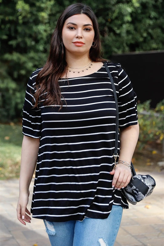 Junior Plus Black & White Stripe Bell Short Sleeve Top /2-2-2 - Tasha Apparel Wholesale