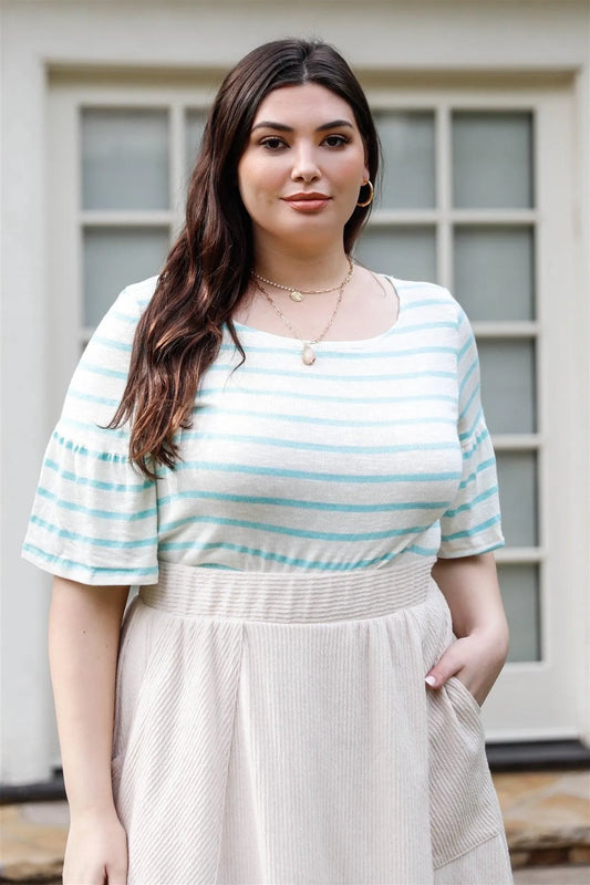 Junior Plus Mint & White Stripe Bell Short Sleeve Top /2-2-2 - Tasha Apparel Wholesale