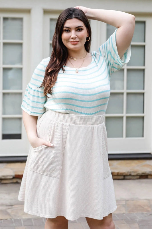 Junior Plus Mint & White Stripe Bell Short Sleeve Top /1-3-2 - Tasha Apparel Wholesale
