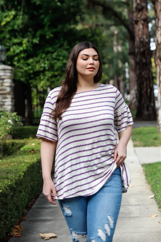 Junior Plus Purple & White Stripe Bell Short Sleeve Top /2-2-2 - Tasha Apparel Wholesale