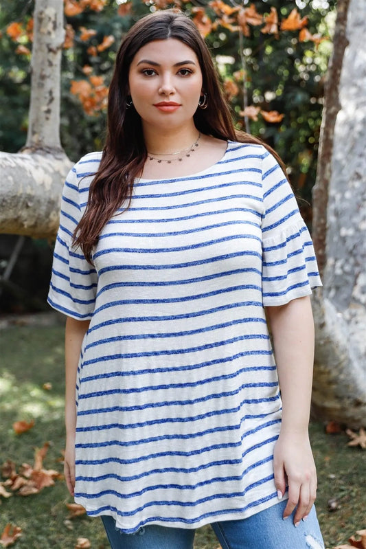 Junior Plus Royal & White Stripe Bell Short Sleeve Top /2-2-2 - Tasha Apparel Wholesale
