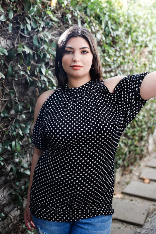 Junior Plus Black & White Polka Dot Cold Shoulder Short Sleeve Back Self-Tie Top /1-3-1 - Tasha Apparel Wholesale