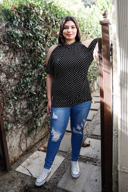 Junior Plus Black & White Polka Dot Cold Shoulder Short Sleeve Back Self-Tie Top /2-2-2 - Tasha Apparel Wholesale