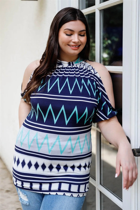 Junior Plus Navy & Mint Geometric Print Cold Shoulder Short Sleeve Back Self-Tie Top /2-2-2 - Tasha Apparel Wholesale