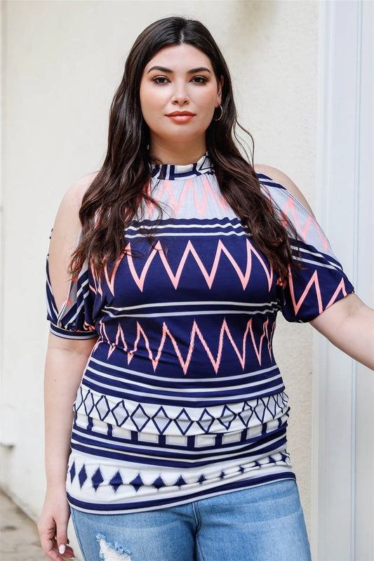Junior Plus Navy Multi Color Geometric Print Cold Shoulder Short Sleeve Back Self-Tie Top /1-2 - Tasha Apparel Wholesale