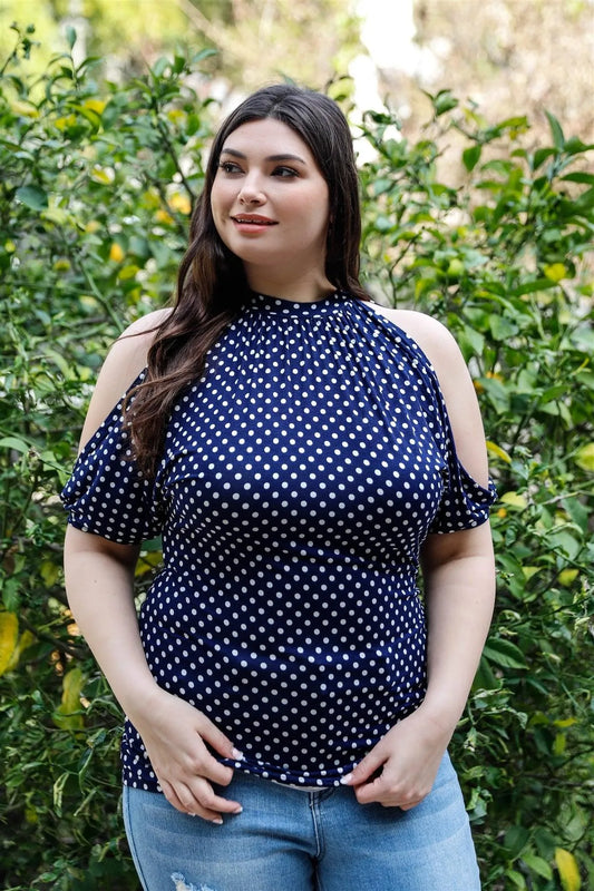 Junior Plus Navy & White Polka Dot Cold Shoulder Short Sleeve Back Self-Tie Top /2-2-2 - Tasha Apparel Wholesale