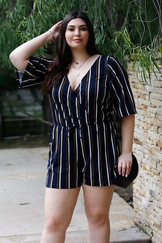 Junior Plus Navy & Yellow Stripe V-Neck Short Sleeve Romper /2-3 - Tasha Apparel Wholesale
