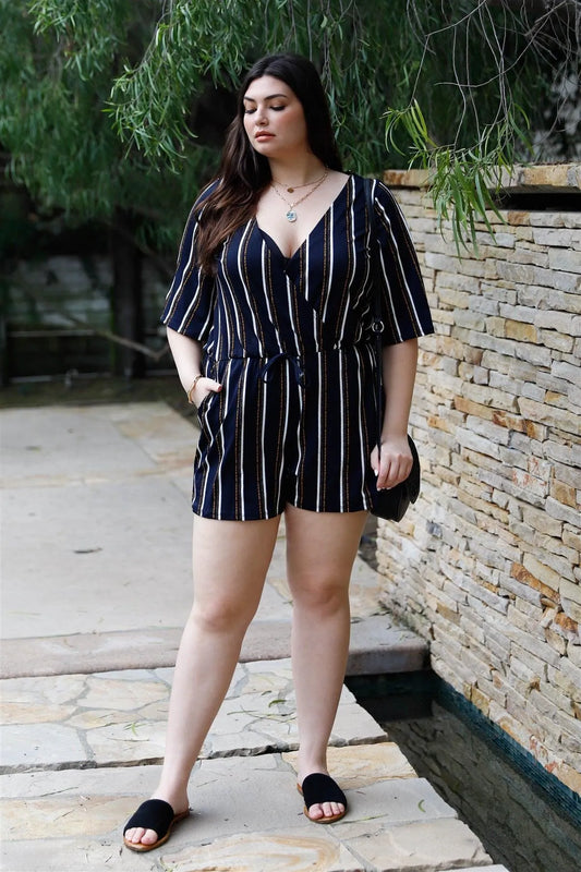 Junior Plus Navy & Yellow Stripe V-Neck Short Sleeve Romper /2-2-2 - Tasha Apparel Wholesale